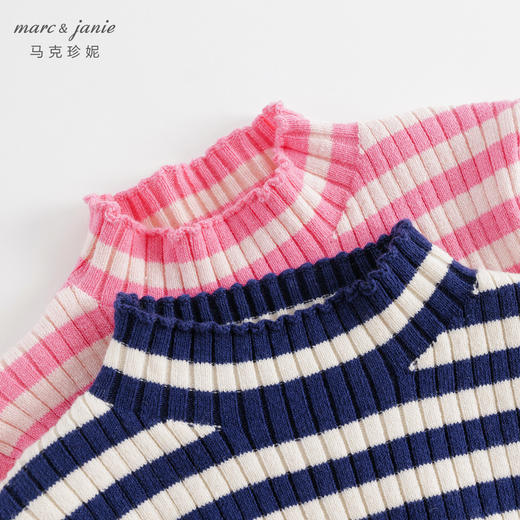 马克珍妮冬装女童时尚条纹花边半高领打底针织衫 儿童毛衣231950 商品图3