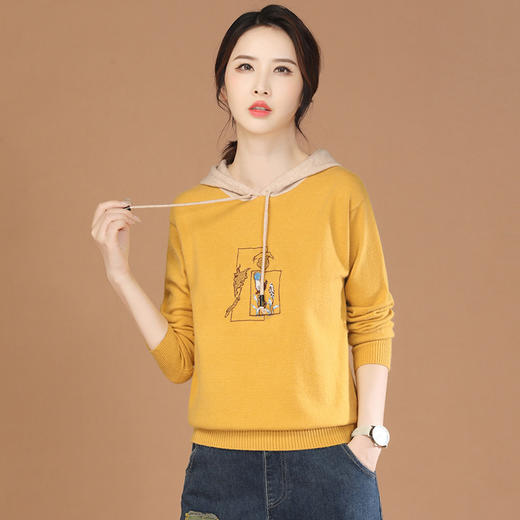 涂鸦刺绣拼色连帽针织衫，秋装新款复古宽松休闲套头上衣GYM-SW0746 商品图0
