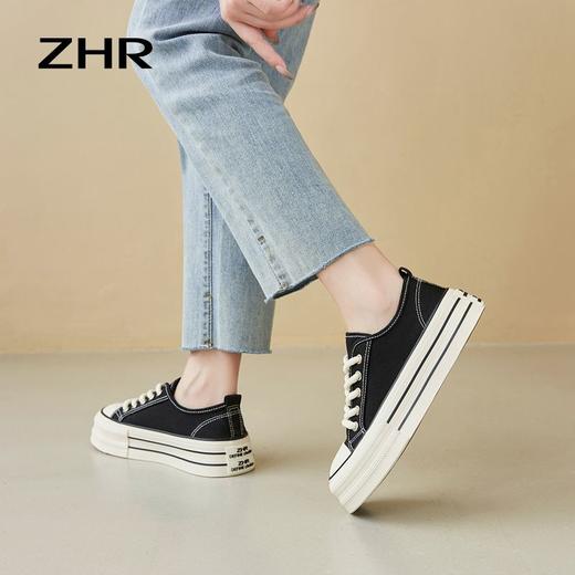 ZHR低帮板鞋女黑色学生布鞋2023秋季新款休闲百搭厚底帆布鞋 商品图4