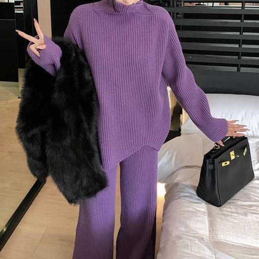 【大码时尚套装❗️紫色高领针织套装】女秋冬季新款加厚时尚慵懒感毛衣阔腿裤两件套潮 商品图0