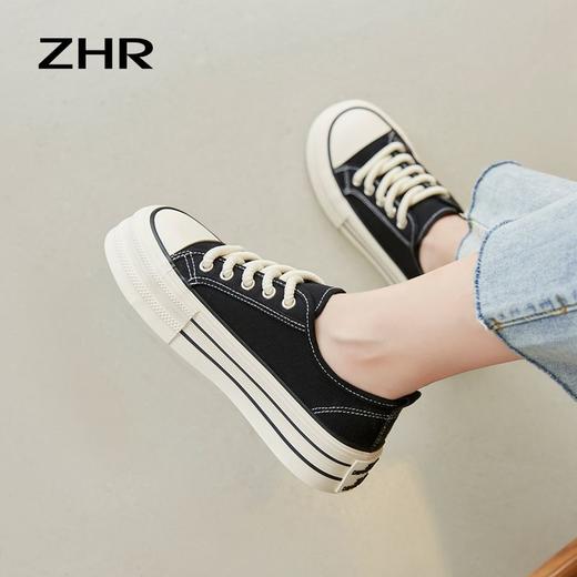 ZHR低帮板鞋女黑色学生布鞋2023秋季新款休闲百搭厚底帆布鞋 商品图3