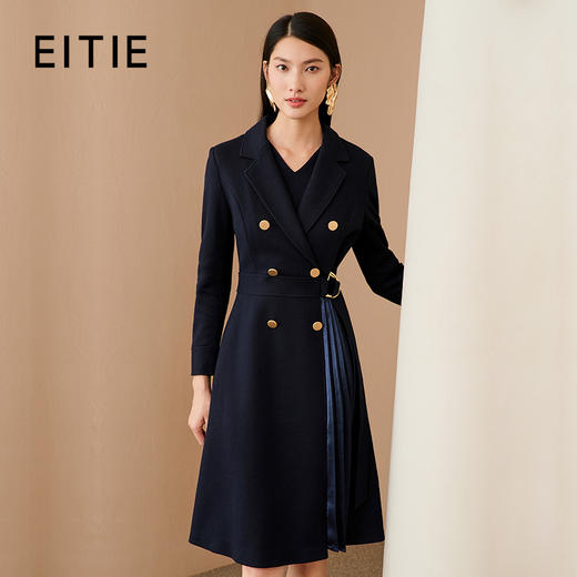 EITIE爱特爱新款西装领收腰拼接百褶中长款连衣裙6807528 商品图0