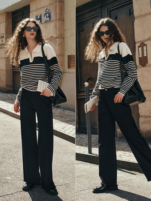 OLrain欧芮儿黑白条纹POLO领毛衣女初秋2023年新款时尚翻领套头衫 商品图3