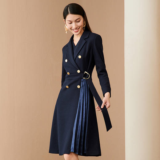 EITIE爱特爱新款西装领收腰拼接百褶中长款连衣裙6807528 商品图1