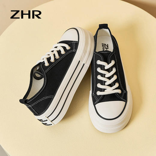 ZHR低帮板鞋女黑色学生布鞋2023秋季新款休闲百搭厚底帆布鞋 商品图6