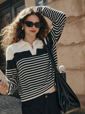 OLrain欧芮儿黑白条纹POLO领毛衣女初秋2023年新款时尚翻领套头衫