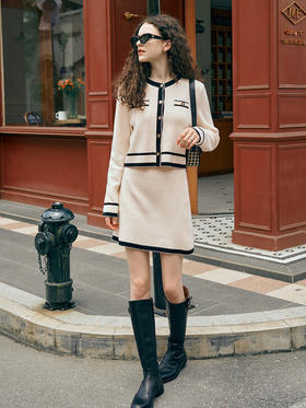 OLrain欧芮儿小香风时尚套装女早秋2023年新款撞色针织裙子两件套
