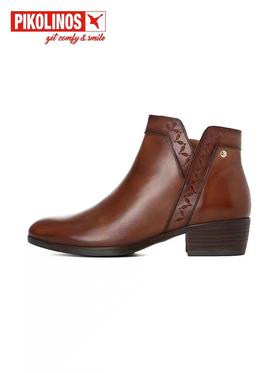 Pikolinos派高雁23冬季牛皮圆头粗跟侧拉链休闲踝靴