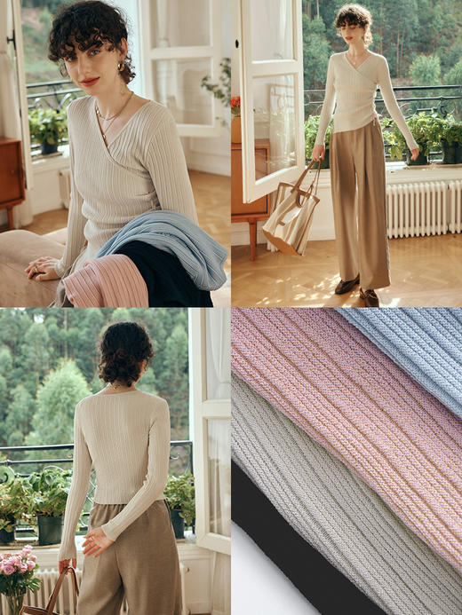 OLrain欧芮儿v领长袖针织衫女初秋2023年新款修身交叉系带套头衫 商品图1