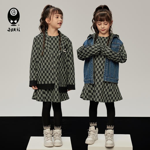 【23秋上新】jokii潮牌童装『月露白连衣裙』女童长袖连衣裙洋气黑白格[福利品] 商品图4