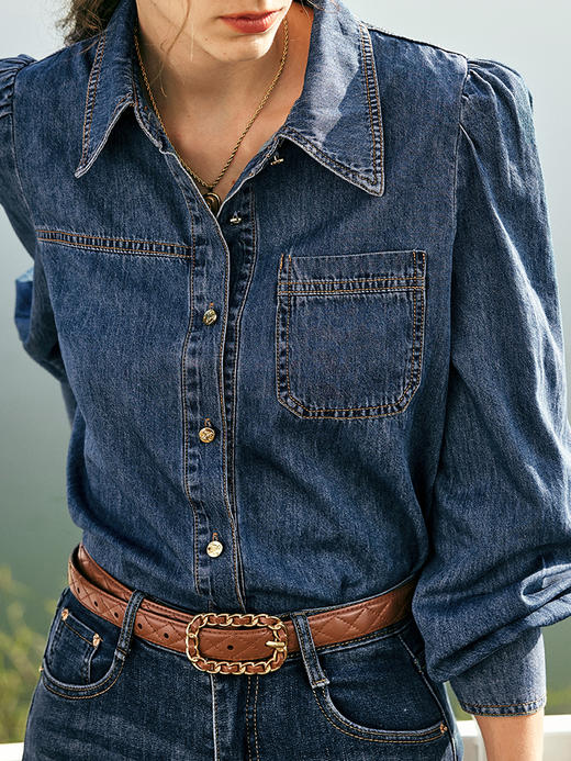 OLrain欧芮儿法式牛仔衬衫女春季2023年新款显瘦复古泡泡袖衬衣 商品图1