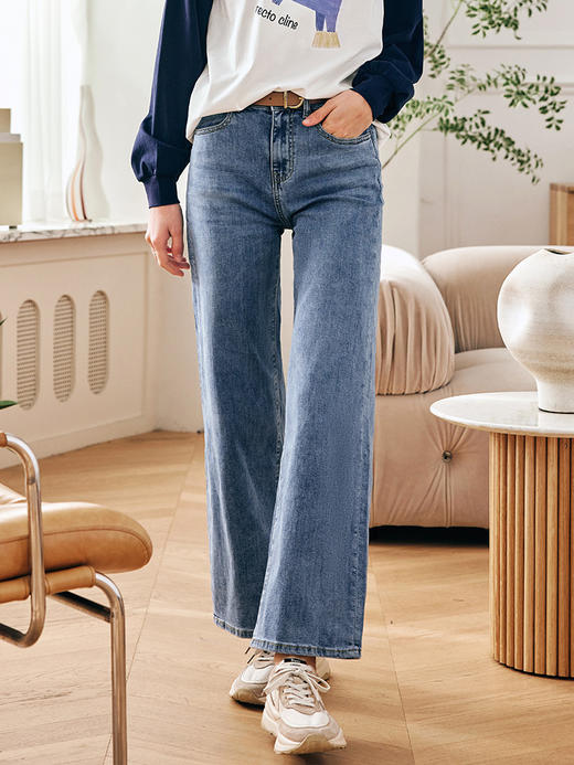 OLrain欧芮儿法式阔腿牛仔裤女秋装2023年新款高腰直筒薄款喇叭裤 商品图2