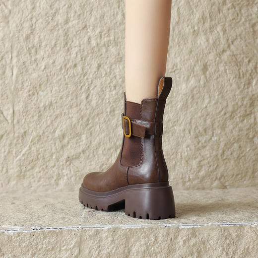 阿么手工女鞋厚底短筒真皮靴子英伦风时尚2025新款时装靴百搭秋冬 商品图4