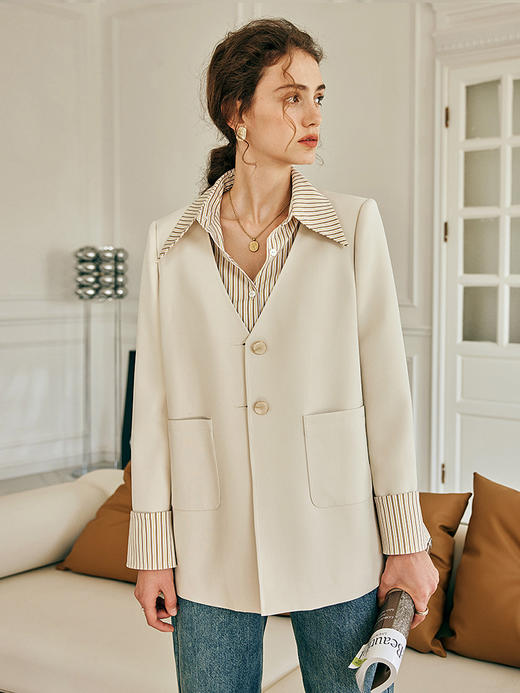 OLrain欧芮儿法式假两件西装外套女秋季2023新款宽松衬衫拼接大衣 商品图2