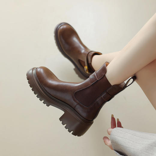 阿么手工女鞋厚底短筒真皮靴子英伦风时尚2025新款时装靴百搭秋冬 商品图1