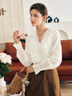 OLrain欧芮儿法式V领蕾丝雪纺衫女春季2023年新款灯笼袖甜美小衫