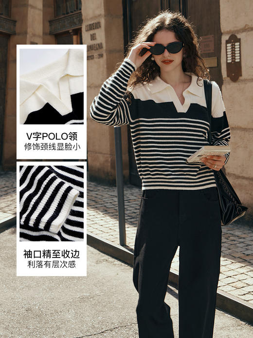 OLrain欧芮儿黑白条纹POLO领毛衣女初秋2023年新款时尚翻领套头衫 商品图2