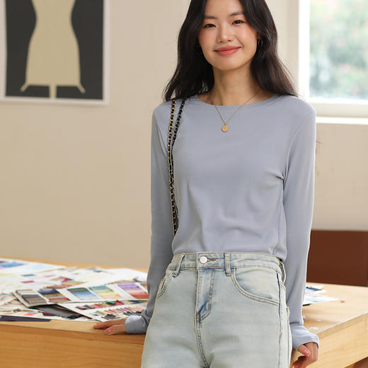 经典款秋冬必备！秋冬季膨体绒打底衫女内搭圆领上衣长袖T恤修身半高领休闲针织衫lm 商品图9