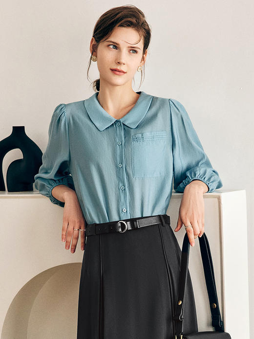 OLrain欧芮儿法式天丝衬衫女春季2023年新款宽松复古泡泡袖衬衣 商品图3