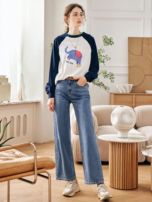 OLrain欧芮儿法式阔腿牛仔裤女秋装2023年新款高腰直筒薄款喇叭裤 商品图3