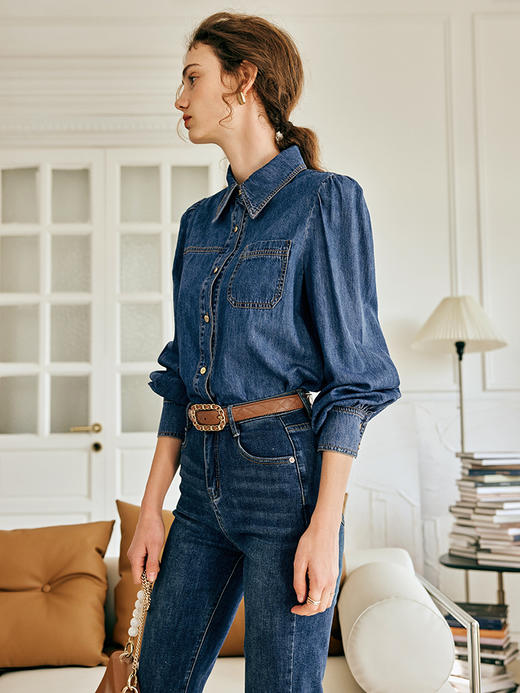 OLrain欧芮儿法式牛仔衬衫女春季2023年新款显瘦复古泡泡袖衬衣 商品图2