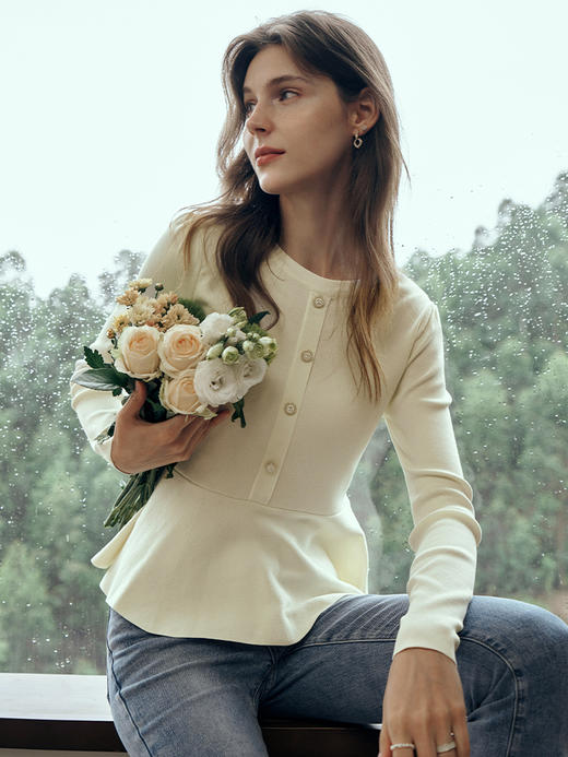 OLrain欧芮儿法式圆领毛衣女初秋2023年新款优雅高收腰毛织套头衫 商品图0