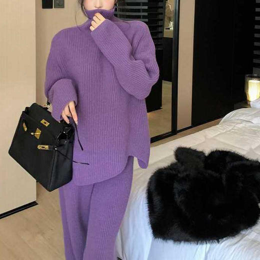 【大码时尚套装❗️紫色高领针织套装】女秋冬季新款加厚时尚慵懒感毛衣阔腿裤两件套潮 商品图3