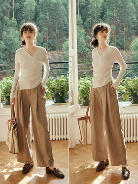 OLrain欧芮儿v领长袖针织衫女初秋2023年新款修身交叉系带套头衫