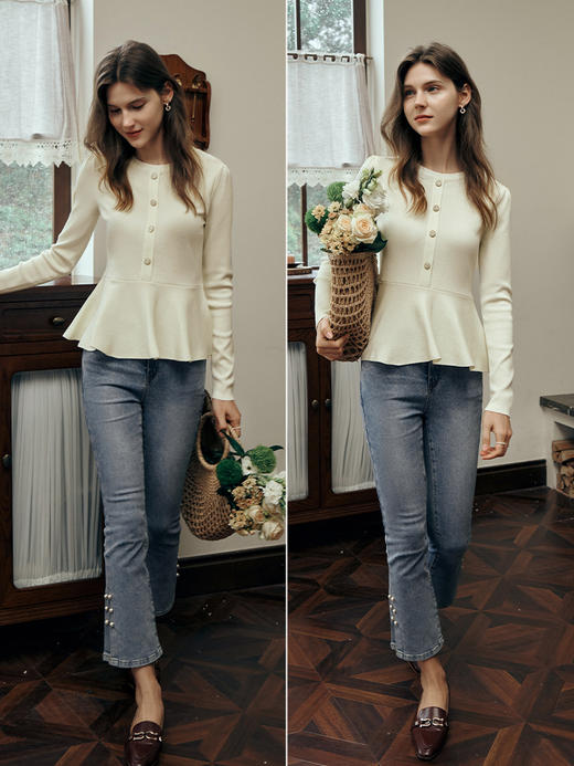 OLrain欧芮儿法式圆领毛衣女初秋2023年新款优雅高收腰毛织套头衫 商品图3