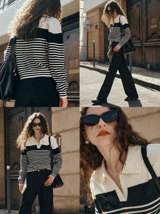 OLrain欧芮儿黑白条纹POLO领毛衣女初秋2023年新款时尚翻领套头衫 商品图1