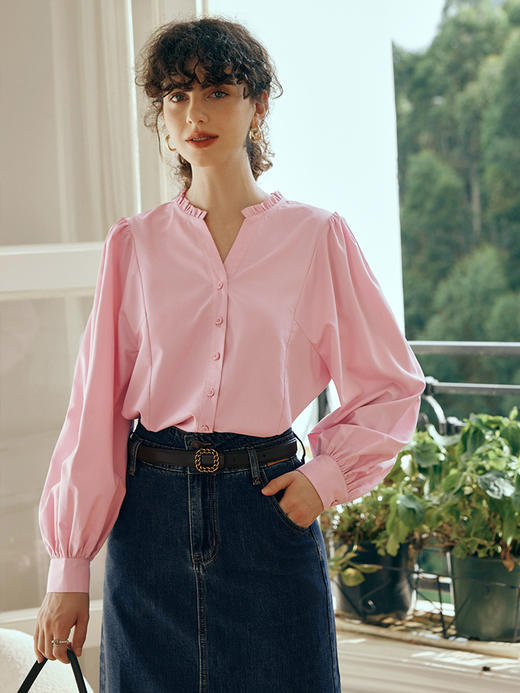 OLrain欧芮儿粉色蕾丝雪纺衫女初秋2023年新款宽松木耳边减龄小衫 商品图0