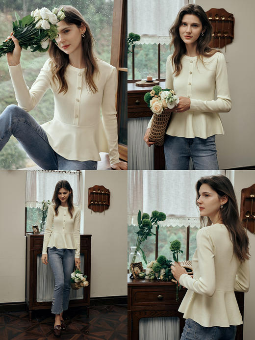 OLrain欧芮儿法式圆领毛衣女初秋2023年新款优雅高收腰毛织套头衫 商品图1