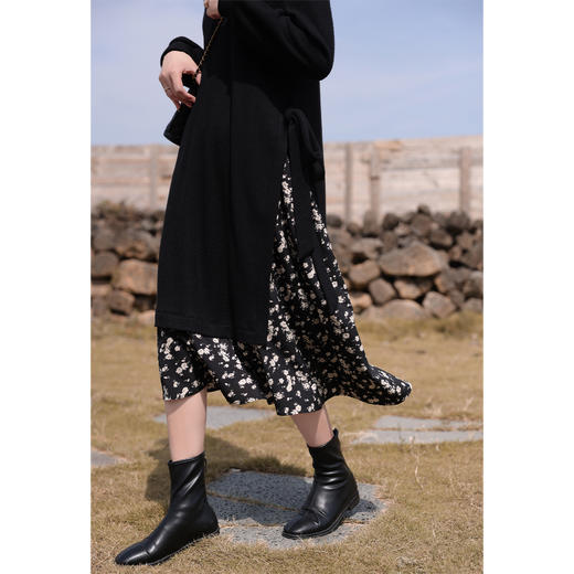 鹿向南法式v领黑色碎花连衣裙女2023秋季新款气质优雅长袖裙子LXN28166 商品图2