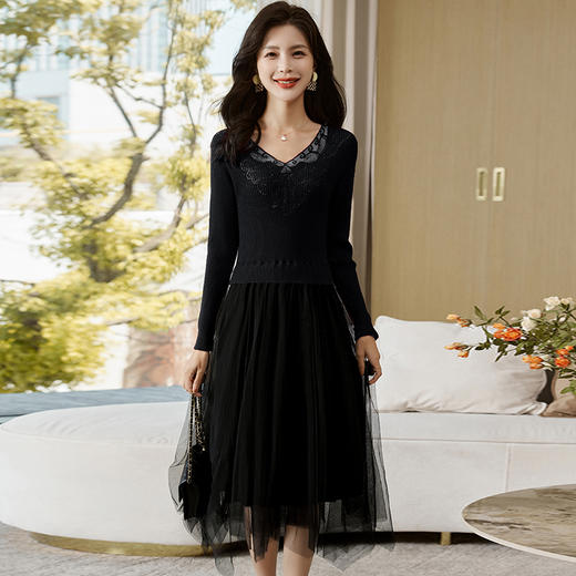 修身百搭，不规则拼接网纱连衣裙HR-MLJL2125 商品图2