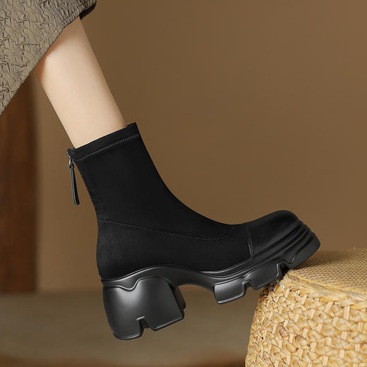 黑色厚底马丁靴，女显瘦新款秋高跟短靴粗跟弹力显瘦靴女靴DTN-B386-1 商品图5