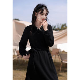 鹿向南法式v领黑色碎花连衣裙女2023秋季新款气质优雅长袖裙子LXN28166