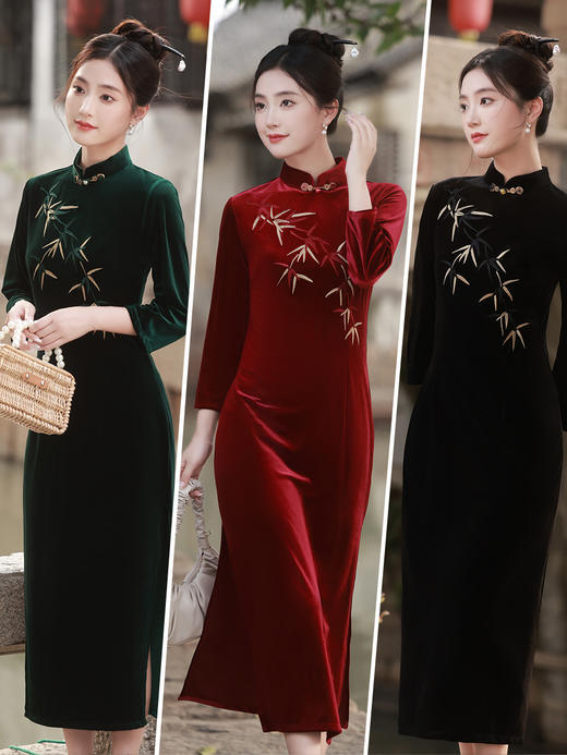 YG-2287新款喜妈妈红色改良旗袍修身高贵丝绒婚宴装礼服裙秋 商品图0