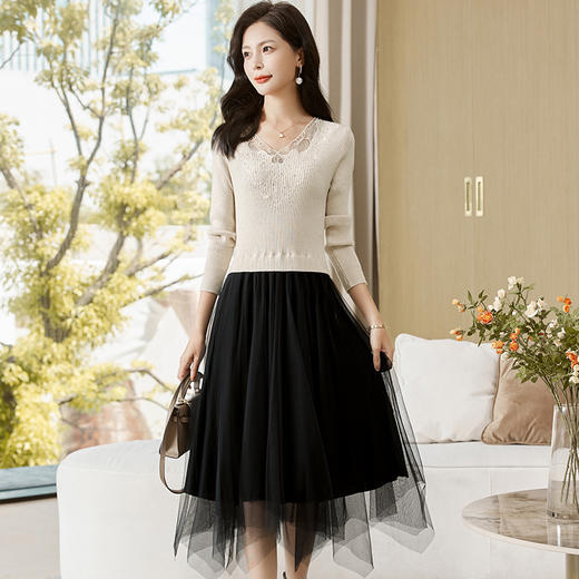 修身百搭，不规则拼接网纱连衣裙HR-MLJL2125 商品图6