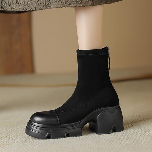 黑色厚底马丁靴，女显瘦新款秋高跟短靴粗跟弹力显瘦靴女靴DTN-B386-1 商品图3