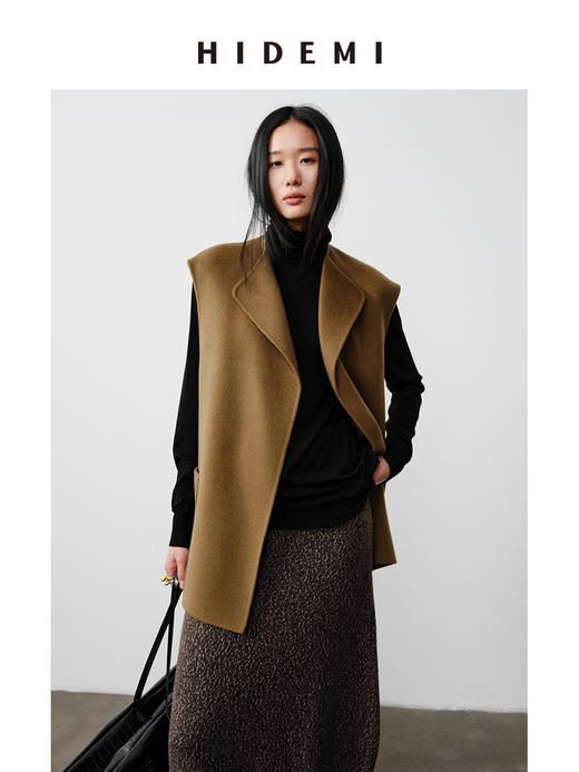 HIDEMI 澳洲美利奴羊毛极简翻领设计感廓形双面呢马夹 商品图4