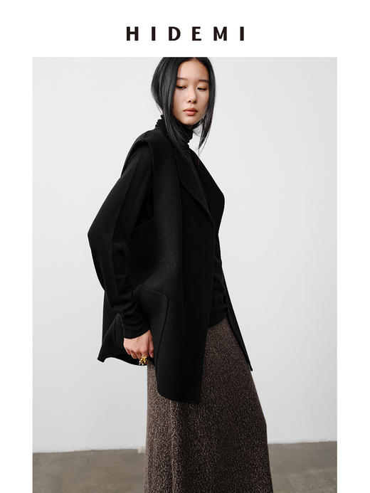 HIDEMI 澳洲美利奴羊毛极简翻领设计感廓形双面呢马夹 商品图10