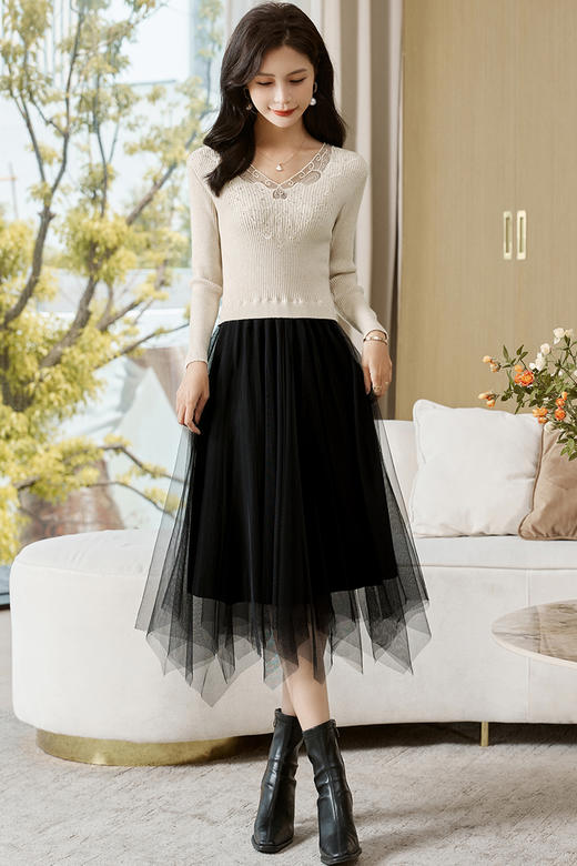 修身百搭，不规则拼接网纱连衣裙HR-MLJL2125 商品图11