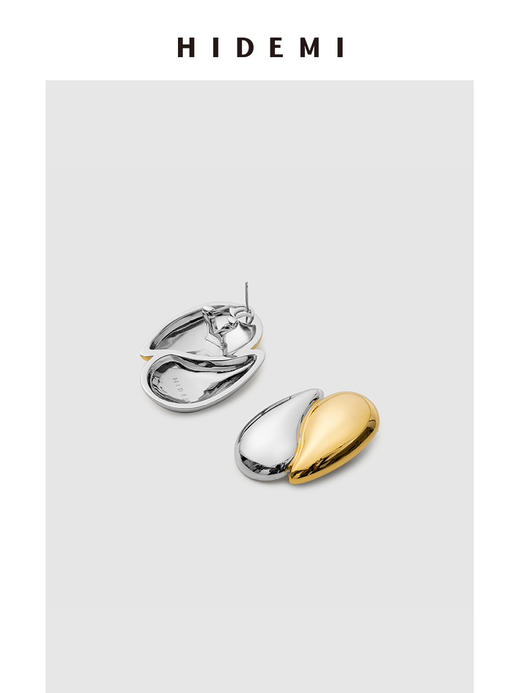 HIDEMI 【papi酱同款】流线型设计感金银拼色椭圆形耳钉 商品图8