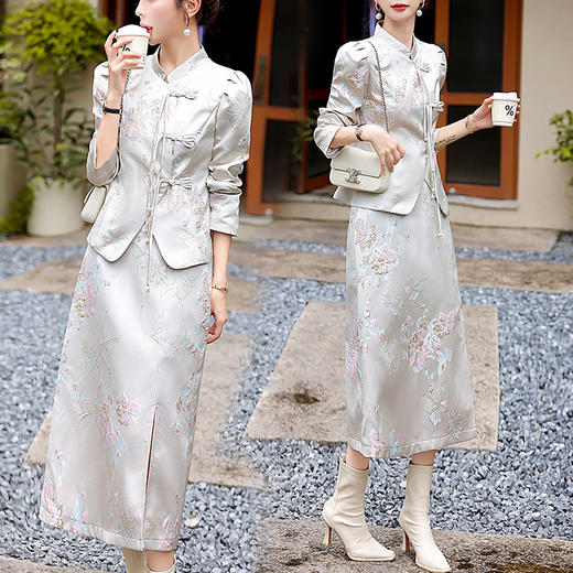 DD-新款两件套装裙女修身显瘦盘扣套裙 商品图3