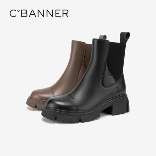 千百度真皮切尔西靴秋冬厚底增高烟筒靴短靴女A23539055 商品图4