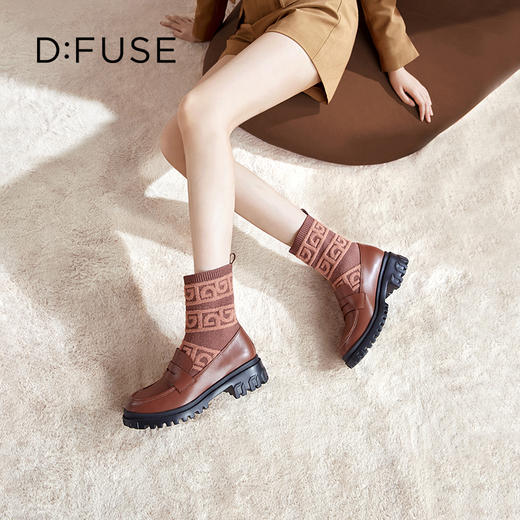 Dfuse迪芙斯2023冬季新款圆头针织弹力袜靴乐福短靴女DF34116006 商品图8