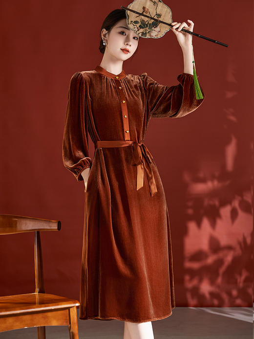 春秋装真丝丝绒连衣裙新款桑蚕丝贵夫人立领长袖加厚中长裙子SM-82395936 商品图1