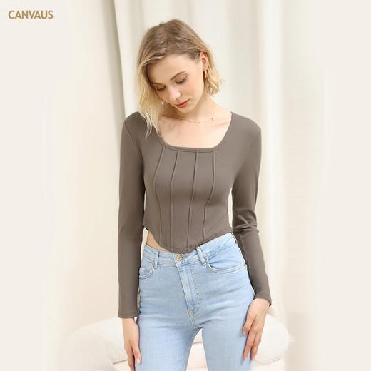 「两色可选」CANVAUS秋新款炸街美式辣妹心机方领露锁骨长袖打底衫女短款上衣 商品图3