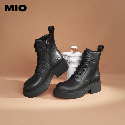 MIO米奥冬季新款黑色机车靴厚底短靴增高英伦风中筒马丁靴女M235605133 商品图1