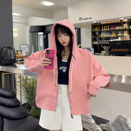 「六色可选」秋装棉质拉链开衫 纯色连帽卫衣 长袖小个子休闲简约短外套女上衣 商品图2